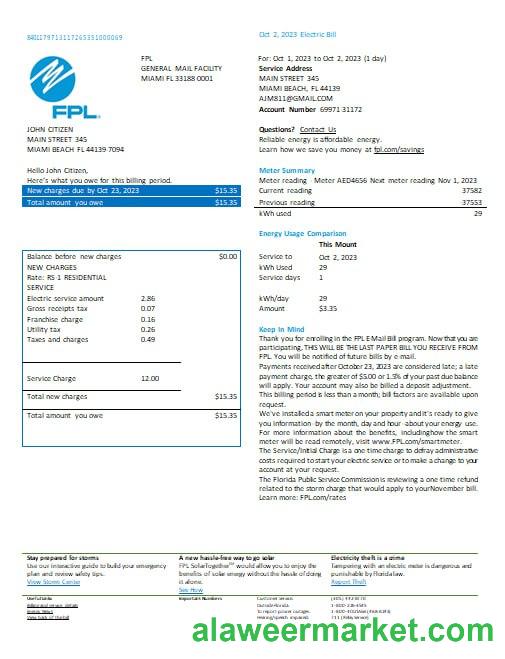 USA Florida FPL  electricity  utility bill Word and PDF formats, version 2